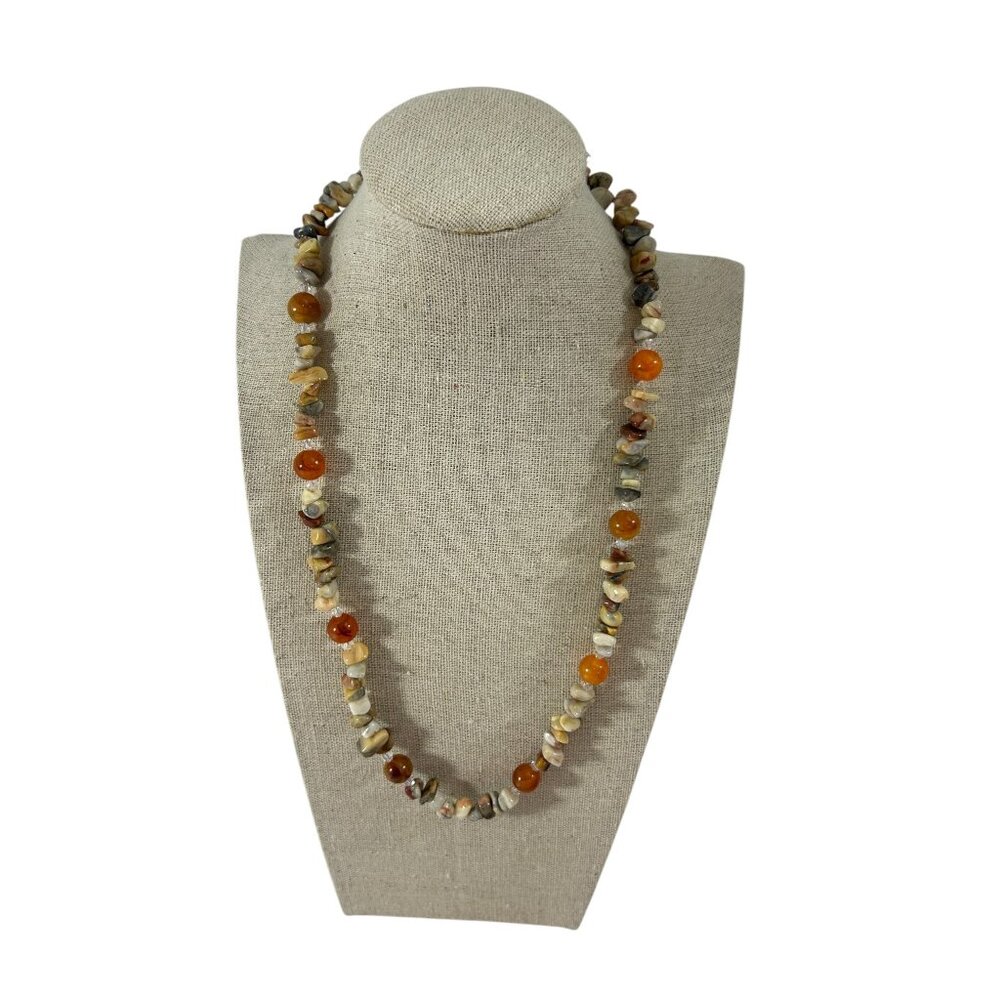 Earth Tone Natural Stone Chip Necklace Round Bead Spacers Fall Colors